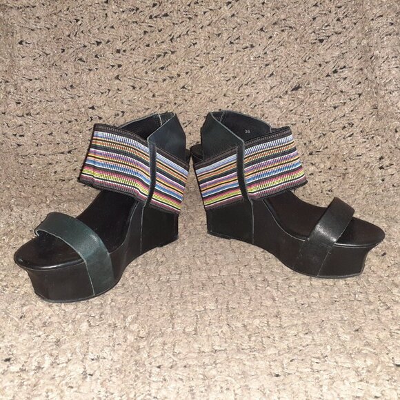 UNITED NUDE-Colorful Rainbow Elastic Strap-Black Leather Wedge-Sz 36-Excellent - Picture 4 of 8